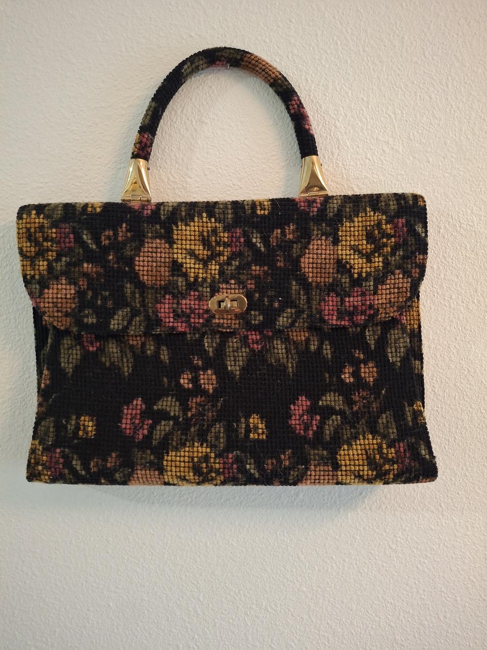 Vintage 70s Floral Tapestry Satchel in Black, Mustard, Pink